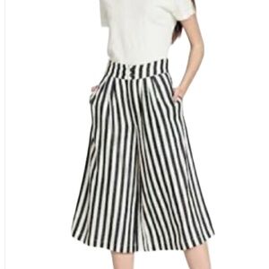 Coastal H&M Striped Linen Cropped Wide Leg High Waist Culottes Pants Pleated 10